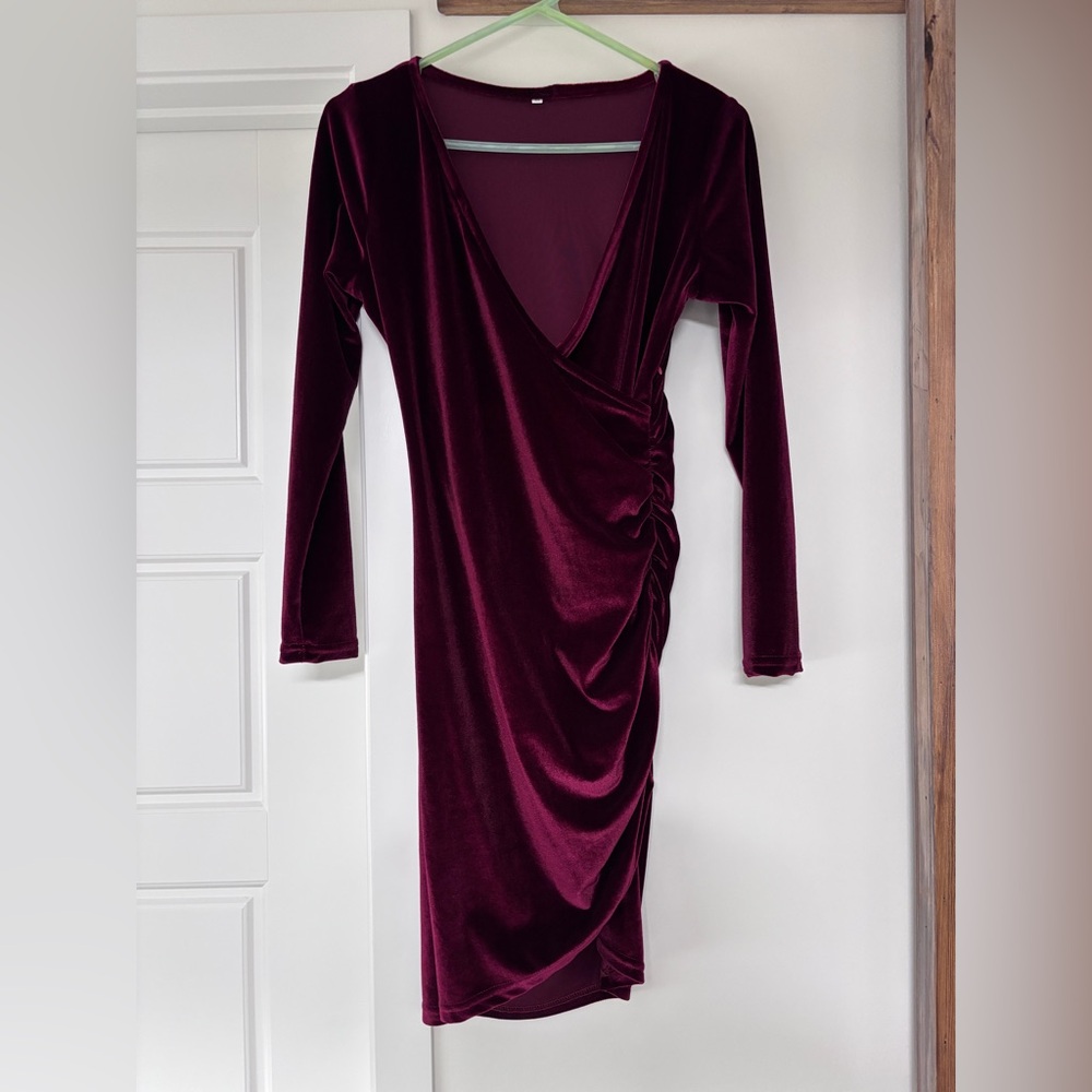 HALARA Velvet Wrap Dress in Rich Burgundy